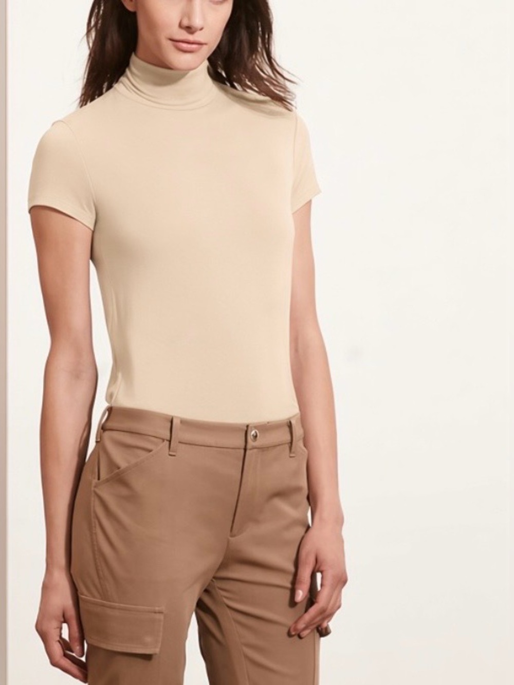 Lauren Ralph Lauren Short-Sleeve Turtleneck Jersey in Lt. Khaki; NWT, Sz. S